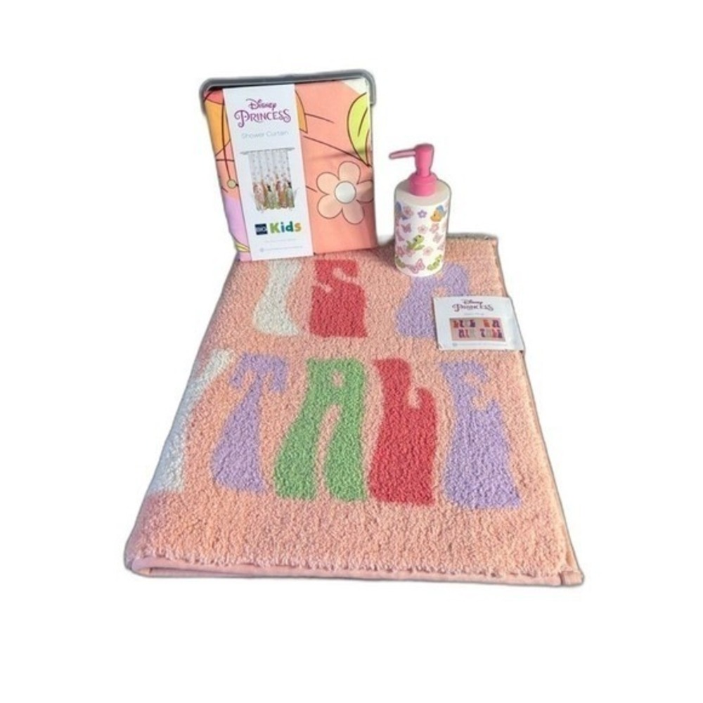 Disney Princess Bathroom Set: Shower Curtain Soap Dispenser & Bath Mat Pink NEW